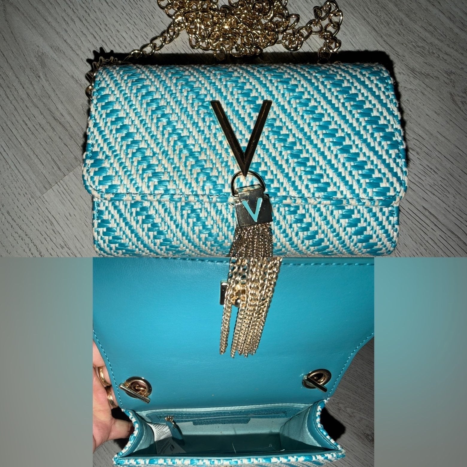 Gloednieuwe turquoise schoudertas met gouden ketting, Ophalen of Verzenden, Nieuw, Overige kleuren, Schoudertasje