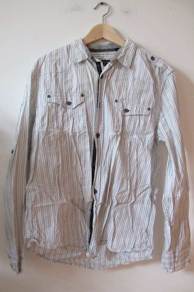heren longsleeve hemd, wit gestreept, maat L, Wit, Ophalen of Verzenden, Halswijdte 41/42 (L), Gedragen