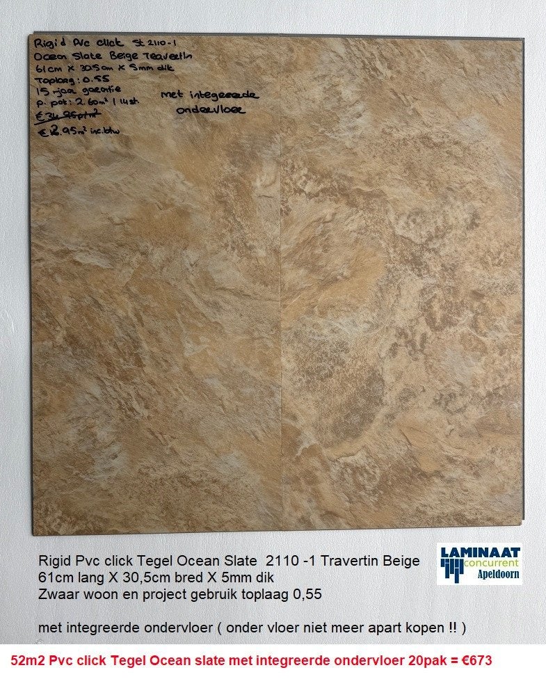 52m2 Pvc click Ocean slate + integreerde ondervloer =€673, Beige, Nieuw, Ophalen of Verzenden, Pvc click tegel traverti slate beige kleur