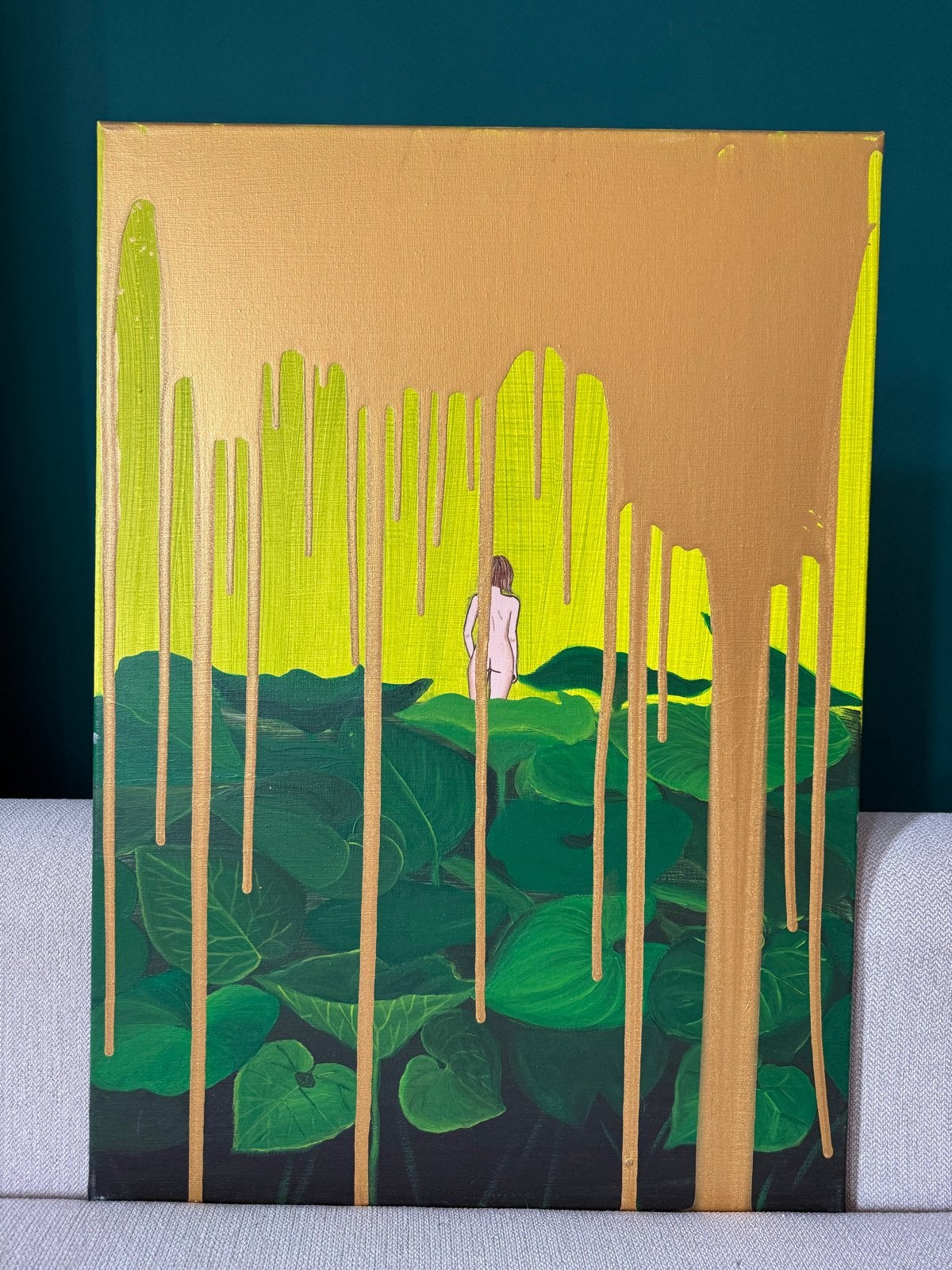 Modern schilderij: Vrouw in weelderig groen, 50x70 cm, Antiek en Kunst, Ophalen, Handgeschilderd, Textiel, Figuren
