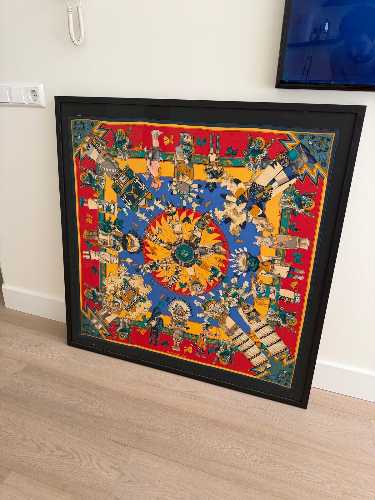 Ingelijste Hermes sjaal "Kachinas" 100x100cm, Oorspronkelijke maker, Overige typen, Ophalen of Verzenden, Zo goed als nieuw