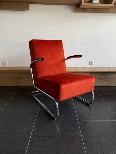 Twee Gispen 405 fauteuils, chroom, nieuwe terra ribstof, Design, 75 tot 100 cm, Zo goed als nieuw, Metaal