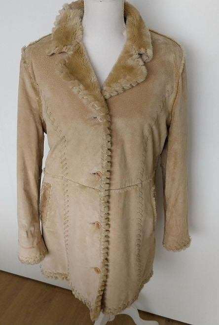 Vintage Giorgio Mobiani suède jas boho shearling maat 42 (L), Giorgio Mobiani, Beige, Maat 42/44 (L), Ophalen of Verzenden