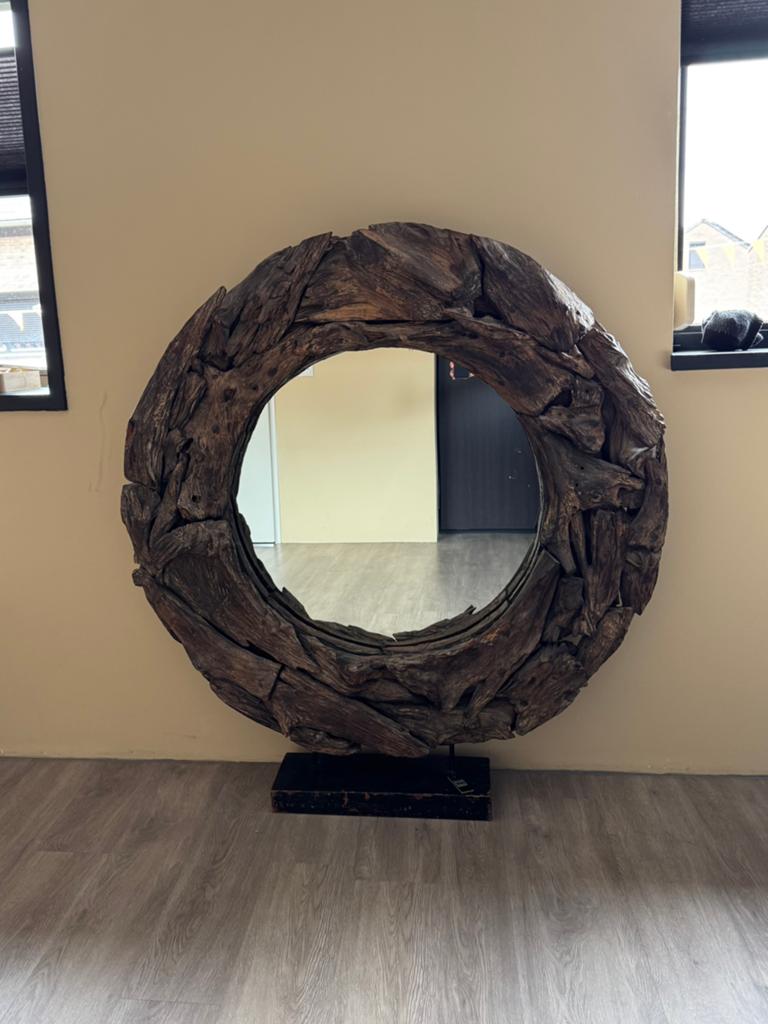 Unieke ronde spiegel van drijfhout - 130x120 cm, Huis en Inrichting, Woonaccessoires | Spiegels, Ophalen, Gebruikt, 100 tot 150 cm