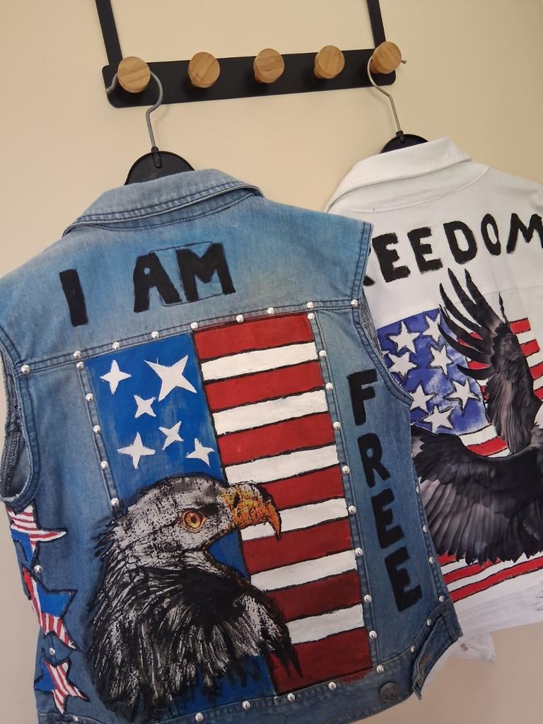 Unieke handgeschilderde denim vesten - USA thema, Maat 38/40 (M), Blauw, Ophalen of Verzenden, Onbekend