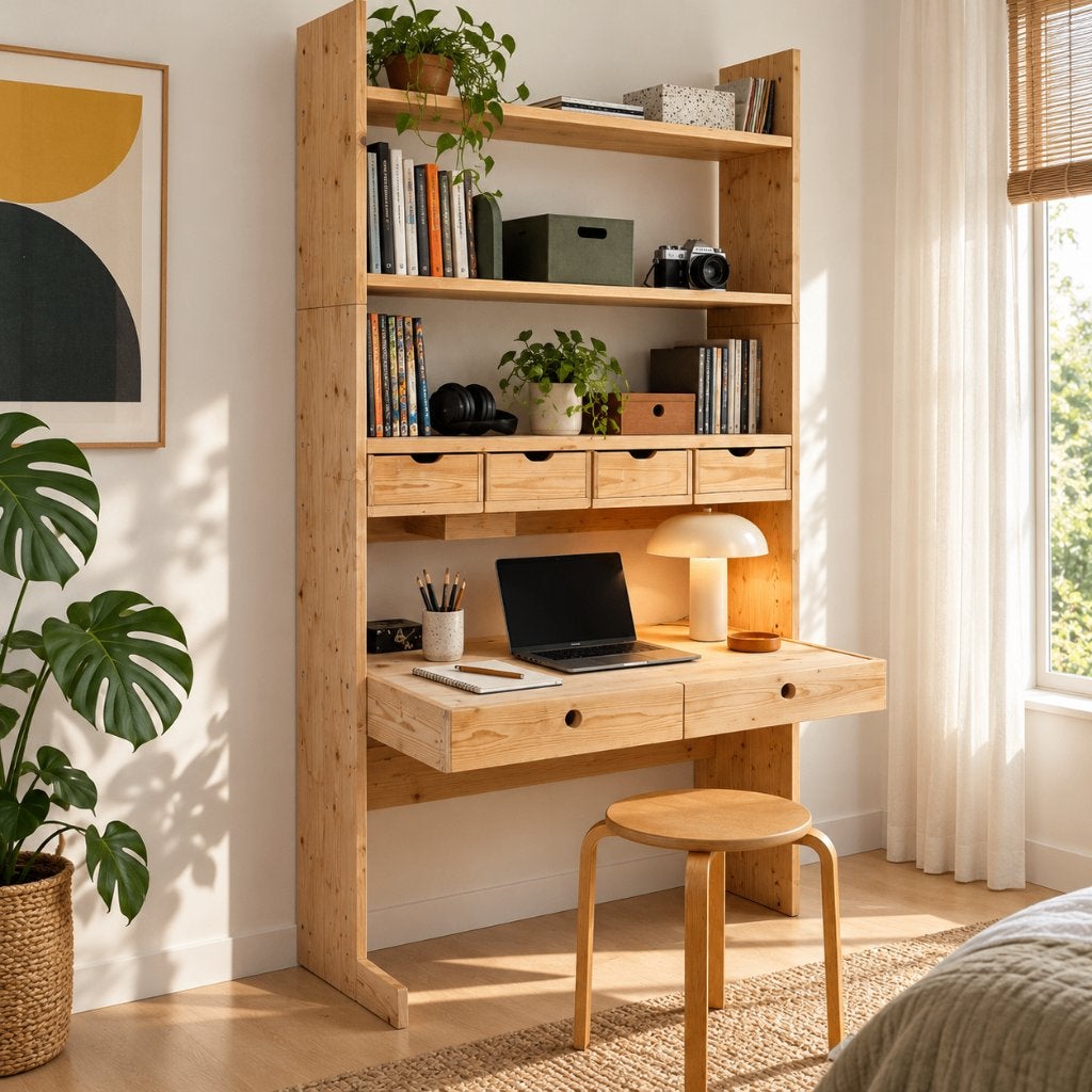 Vintage Houten Bureau en boekenkast in 3 delen, Ophalen, Gebruikt, Scandinavisch, Geel