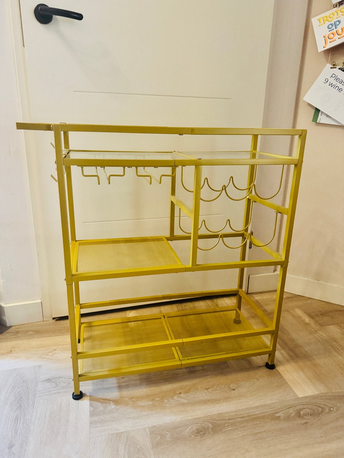 Gouden Wijnrek/Bar Cart met Glashouders, Huis en Inrichting, Ophalen, 5 tot 15 flessen, Zo goed als nieuw, 75 – 100