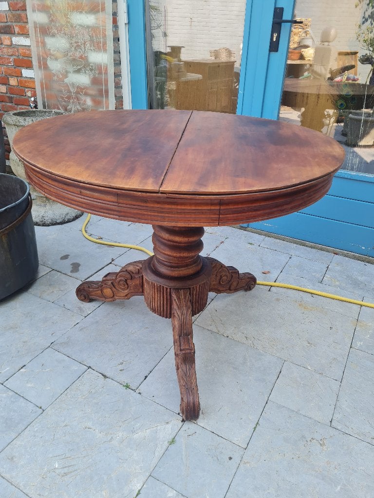 Antieke eettafel rond model met kolompoot, Ophalen, Heikant 21 Kaatsheuvel, Gebruikt, 50 tot 100 cm