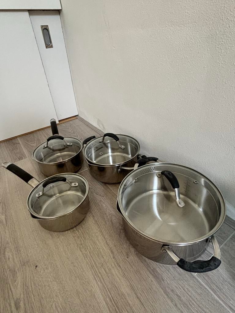 Tefal Pannenset RVS met glazen deksels - 4-delig, Ophalen, Gebruikt, Rvs, Pannenset