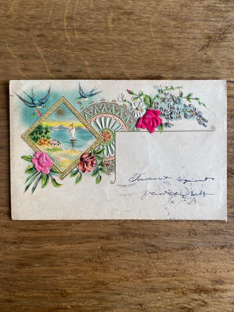 Antieke Ansichtkaart: Zeegezicht met Bloemen en Zwaluwen, Ophalen of Verzenden, Voor 1920, Gelopen