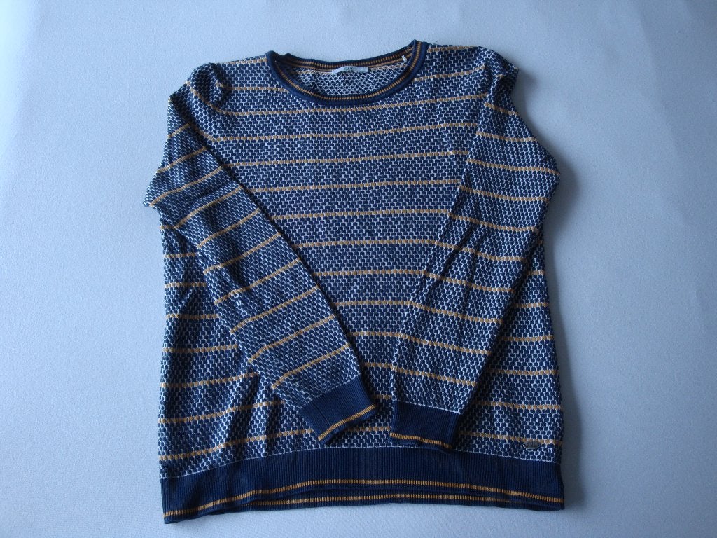 Donker blauwe EDC trui met oker gele strepen. Maat M., Maat 38/40 (M), Meerkleurig, Ophalen of Verzenden, Zo goed als nieuw