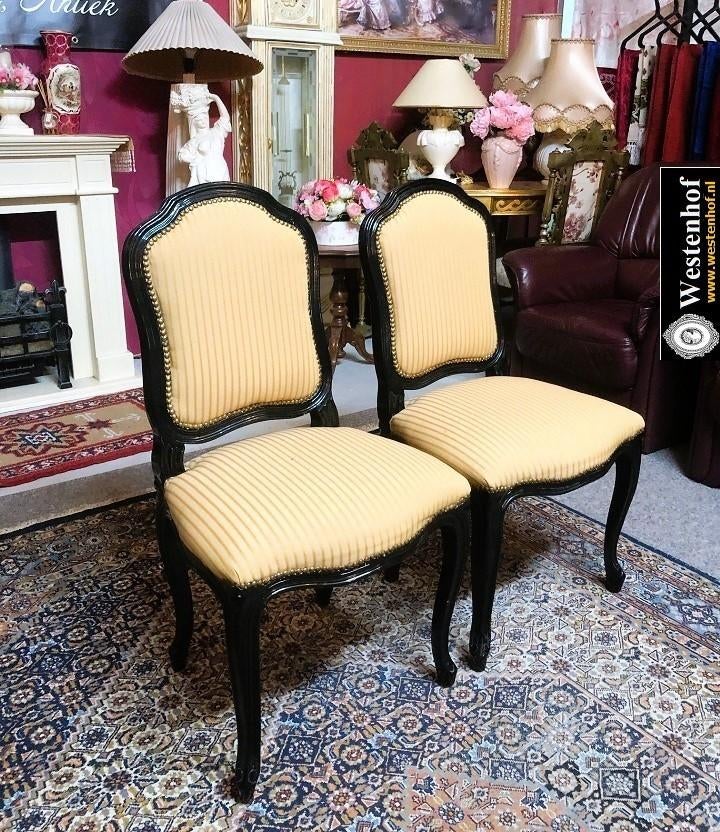 2x Klassiek stoelen hout zwart met crème - goud stoffen, Ophalen