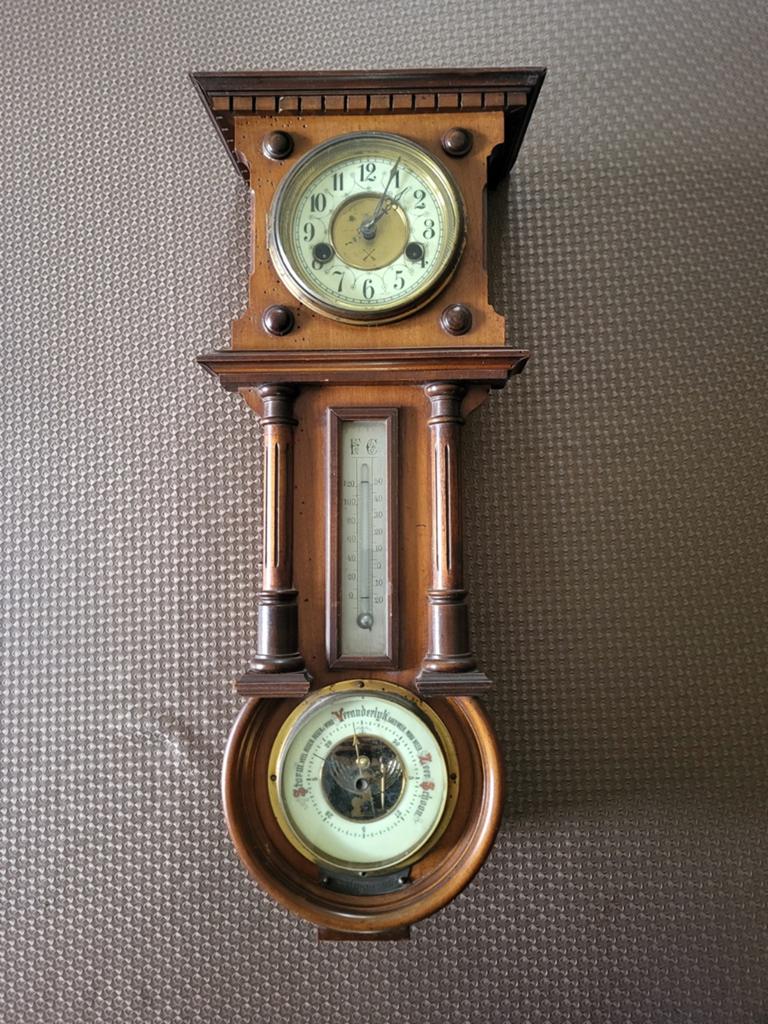 Antieke Weerstation Klok Barometer Thermometer Hout, Ophalen of Verzenden