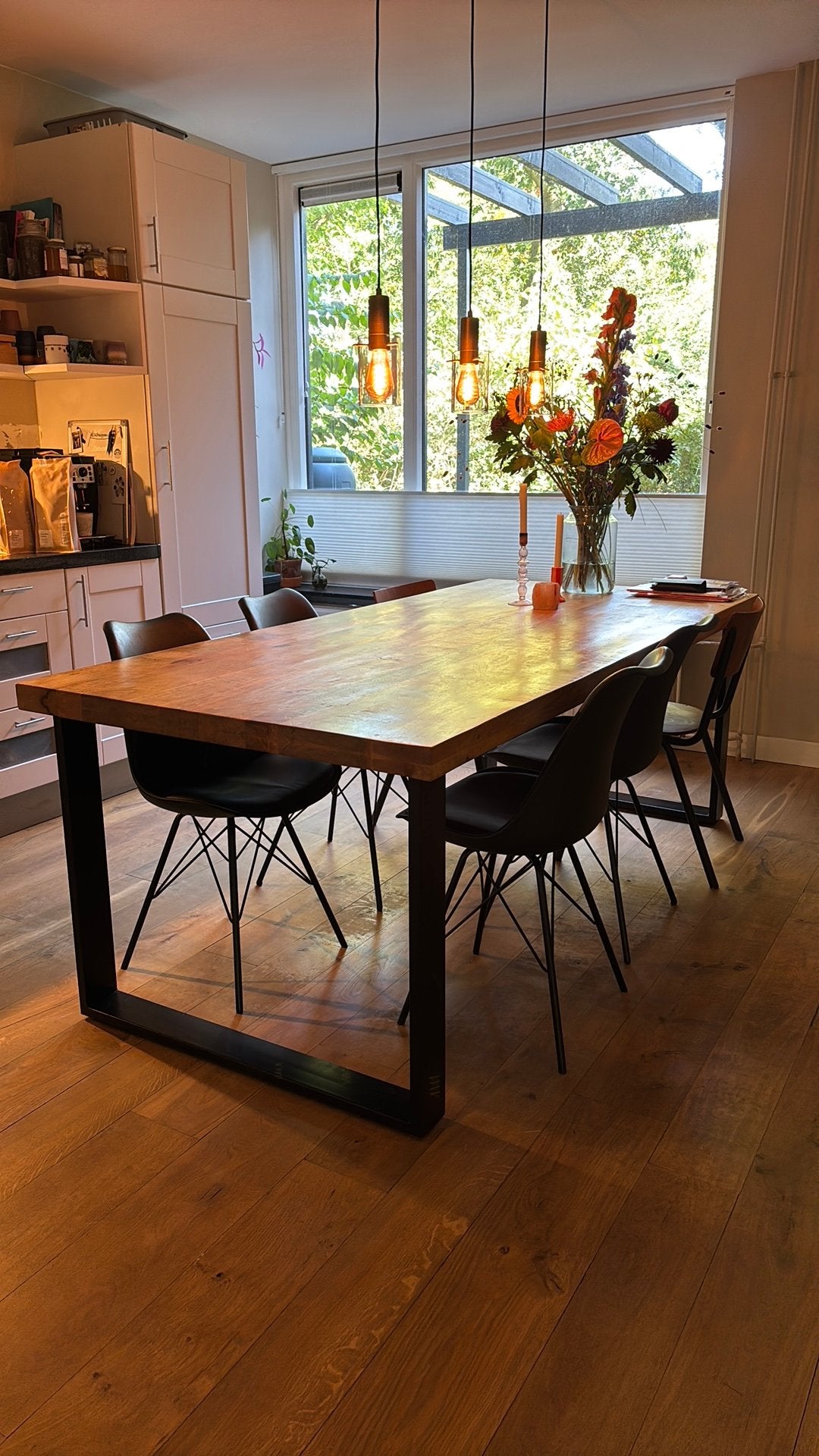 Mangohouten Eettafel 220x100 cm Rechthoek stalen frame 6pers, Huis en Inrichting, Gebruikt, 100 tot 150 cm, 200 cm of meer, Ophalen of Verzenden