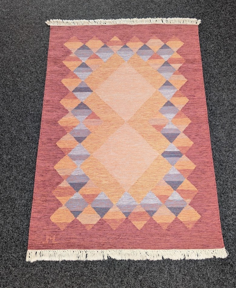 Vintage Scandinavisch röllakan vloerkleed, Huis en Inrichting, Stoffering | Tapijten en Kleden, Gebruikt, 200 cm of meer, Ophalen of Verzenden