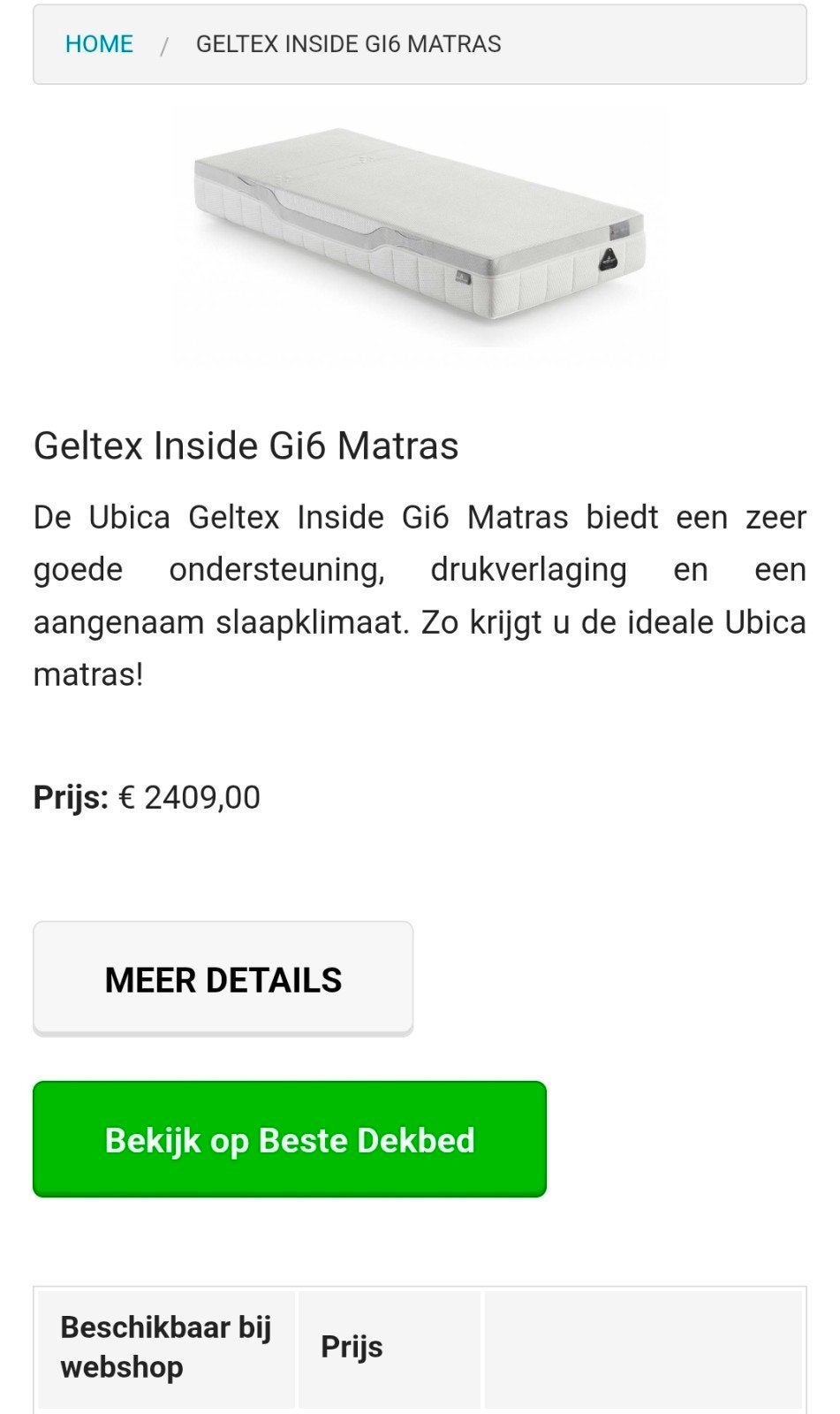 ubica GI6 gel matras, Ophalen, Gebruikt, 90 cm, Eenpersoons