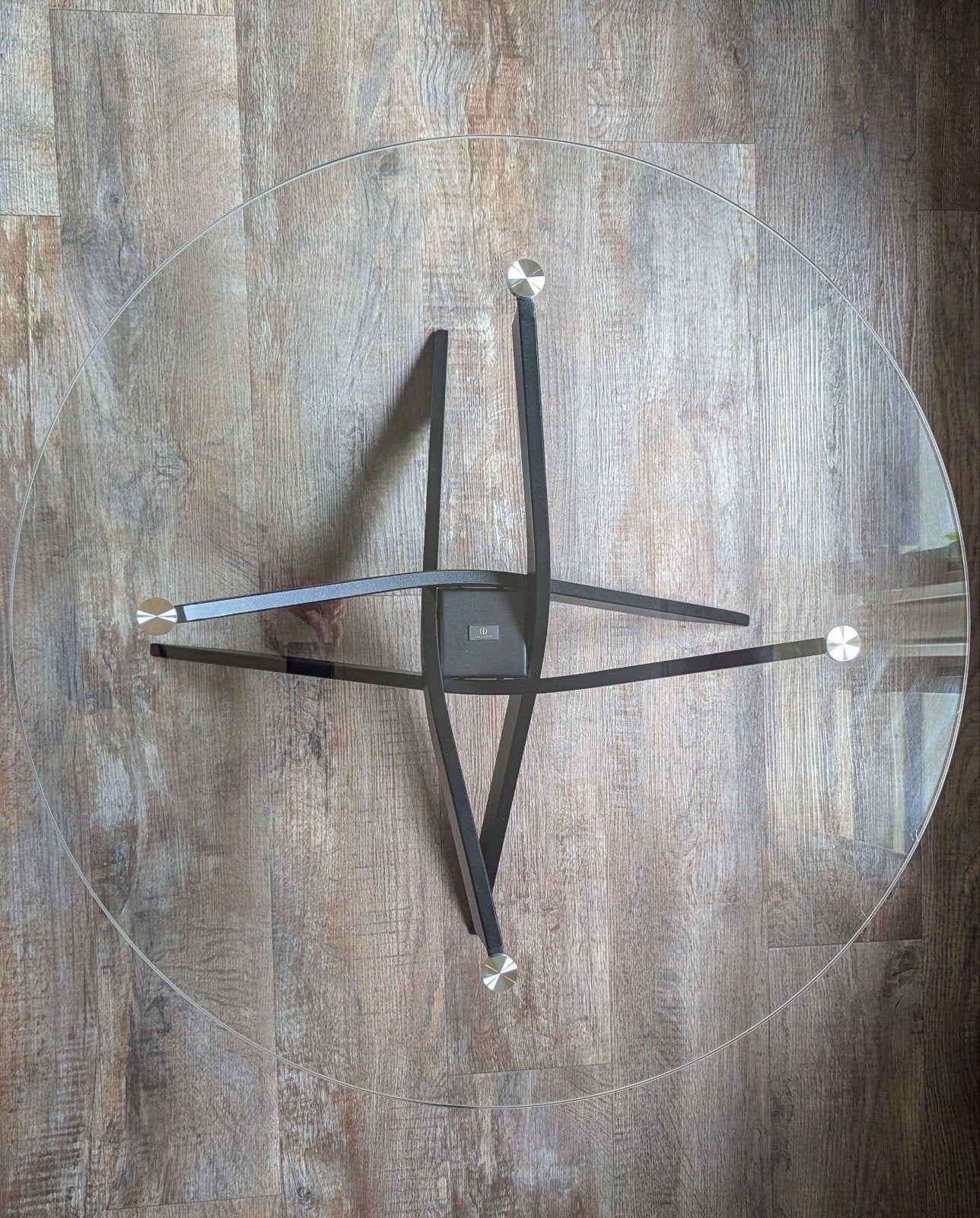 Moderne glazen salontafel met metalen onderstel, Ophalen, Gebruikt, 50 tot 100 cm, Rond