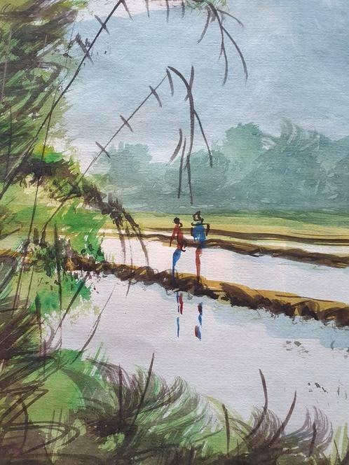 Aquarel Indonesië mensen sawa gesigneerd vulkaan, Ophalen