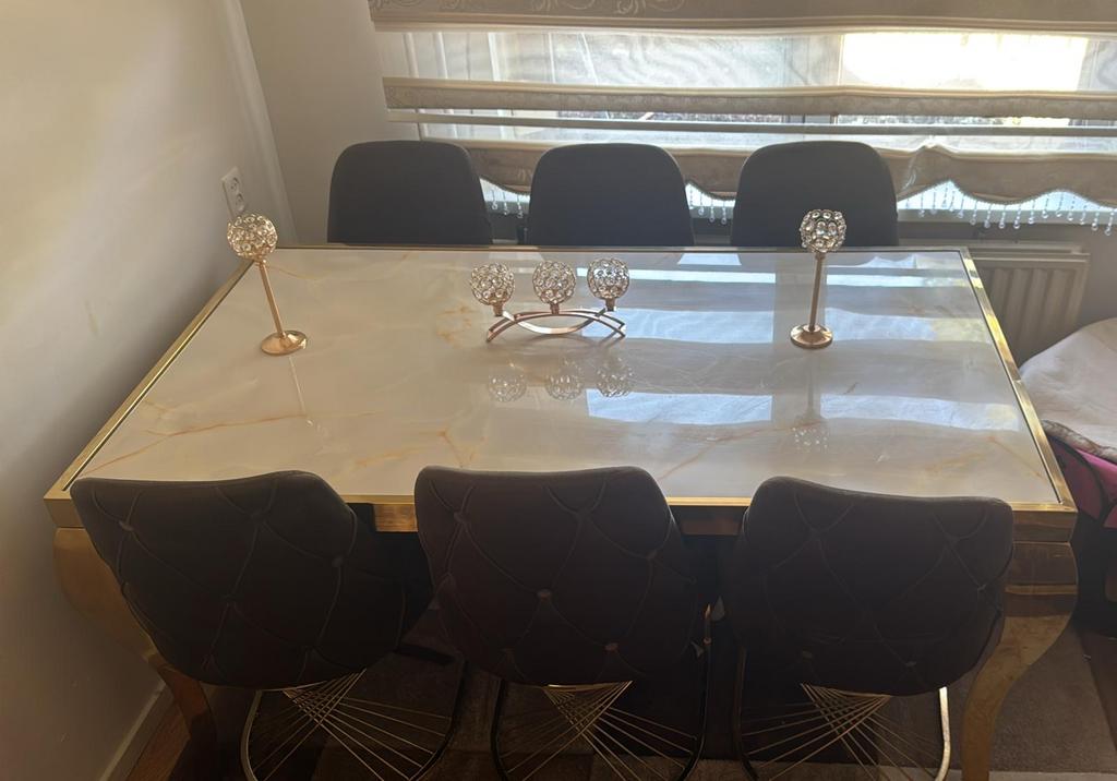 Snel weg! Marmeren eettafel + 6 stoelen, Huis en Inrichting, Overige materialen, 100 tot 150 cm, Ophalen of Verzenden, Zo goed als nieuw