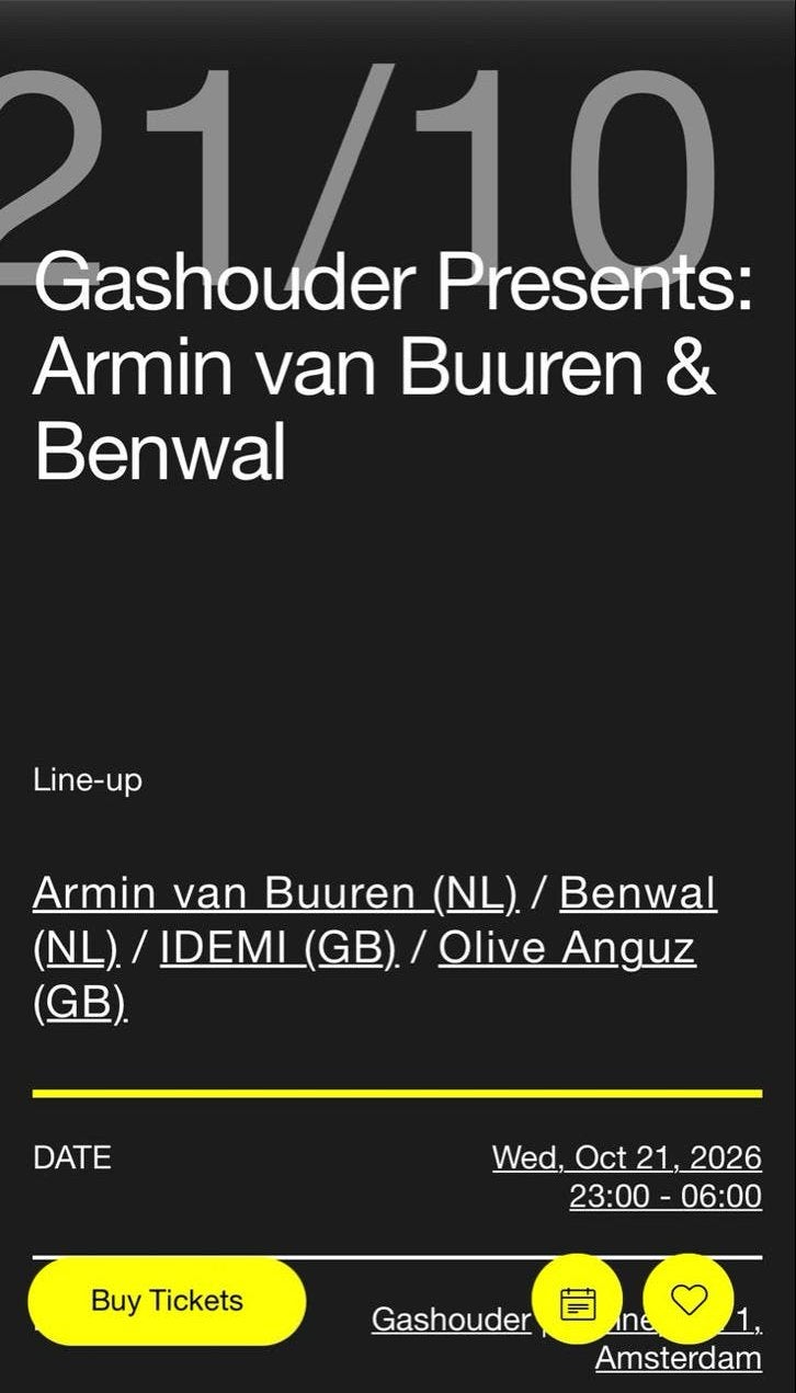 Ticket Armin van Buuren / Benwal ADE 2026 SOLD OUT, Eén persoon, Oktober