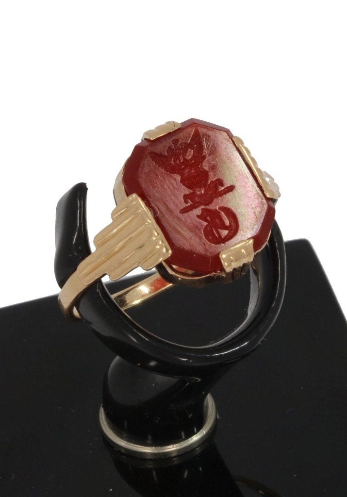 Familiewapen carneool 14k vintage zegel ring dame goud uniek, Ophalen of Verzenden, Goud, Ring, Met edelsteen