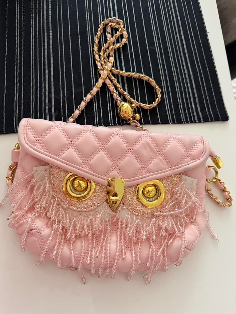 Roze tasje met uil design en gouden ketting, Ophalen of Verzenden, Gebruikt, Roze, Schoudertasje