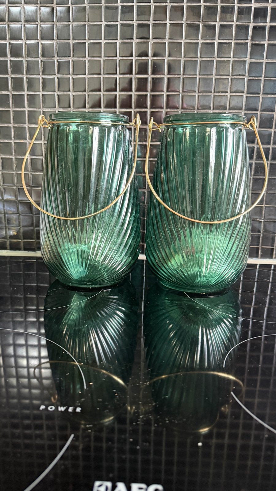 Set van 2 Groene Glazen Windlichten/Lantaarns, Ophalen of Verzenden, 21 cm, Groen, Glas