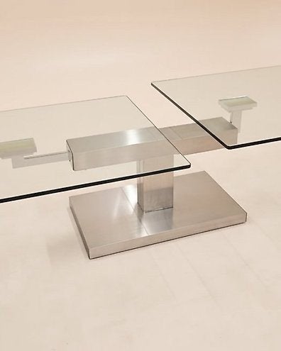 Uitschuifbare mid century / space age glazen tafel, Ophalen, Vintage, Zo goed als nieuw, Glas