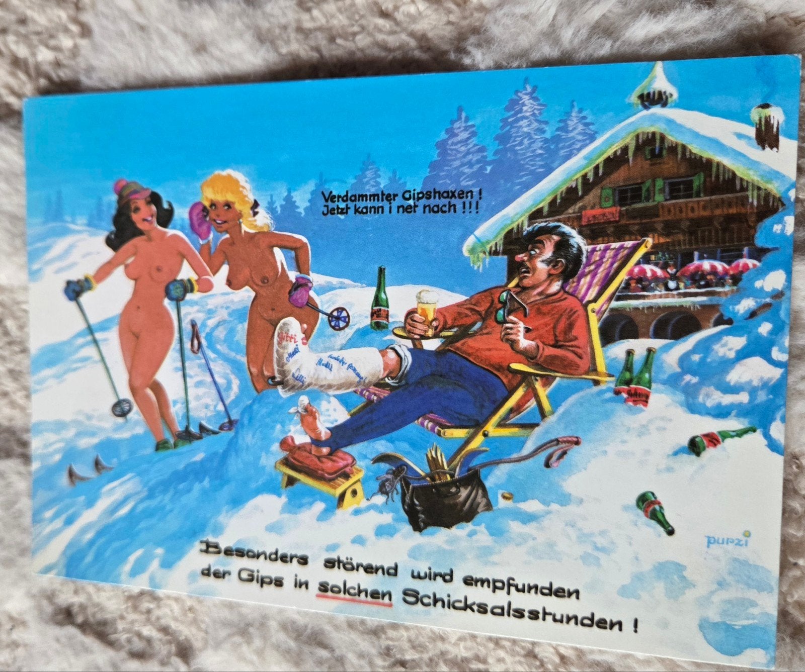 Grappige Oostenrijkse Ansichtkaart - Skiën met Gips, Verzamelen, Verzenden, 1980 tot heden, Gelopen, Overige thema's