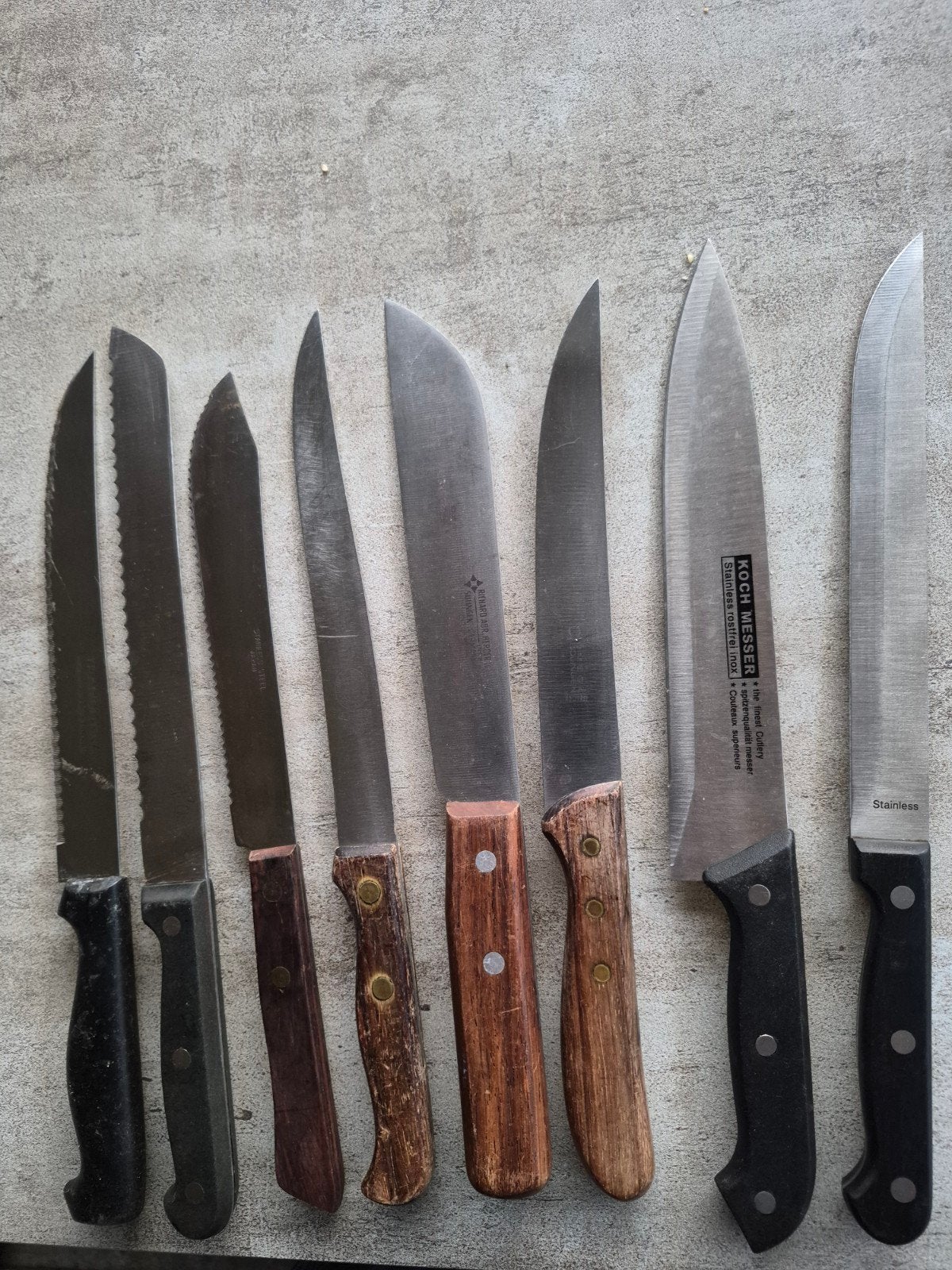 Diverse set van 8 gebruikte keukenmessen, Ophalen of Verzenden, Metaal, Meerkleurig, Overige merken
