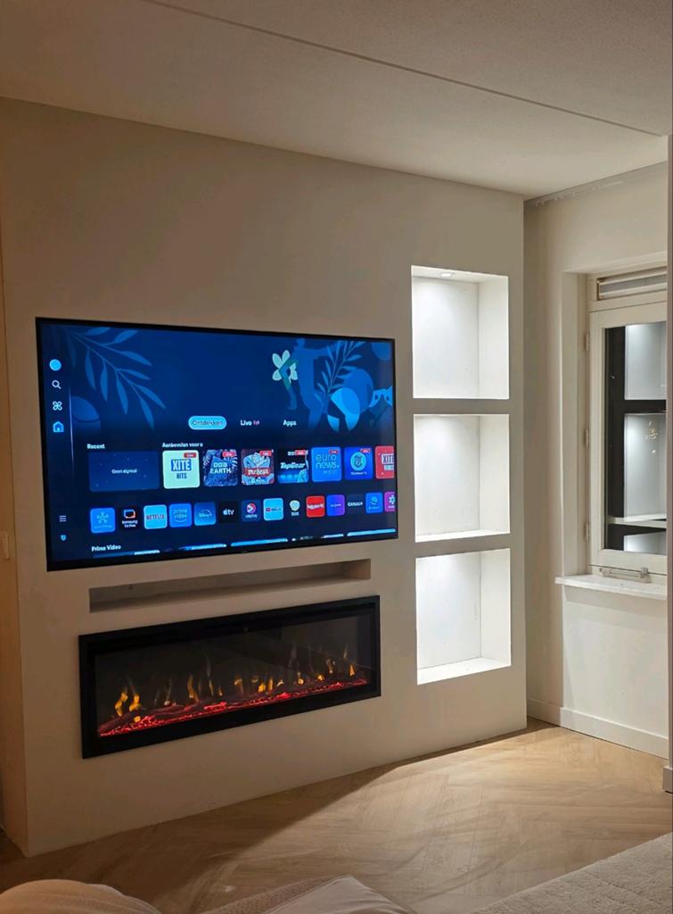 Moderne Cinewall met geïntegreerde sfeerhaard en planken, Overige materialen, 200 cm of meer, 150 tot 200 cm, Ophalen of Verzenden