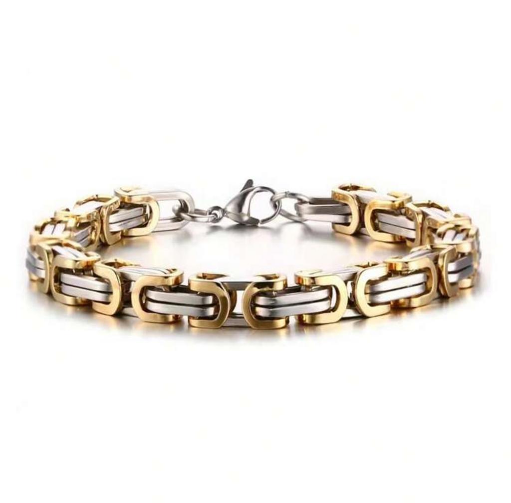 Stijlvolle Duokleurige Armband - 21 cm, 6 mm dik. Staal, Ophalen of Verzenden, Nieuw, Goud, Staal