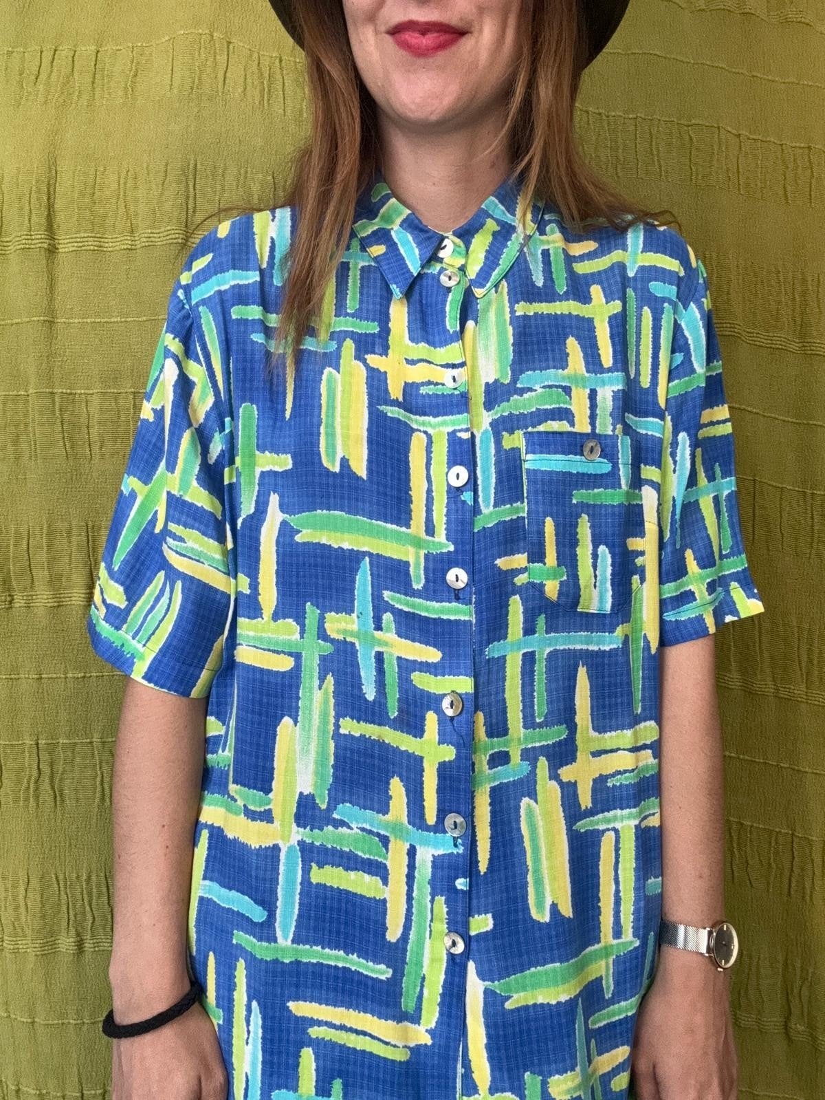 Vintage blouse, maat 44/XXL - blauw, geelpatroon - 90's, Blauw, ., Maat 42/44 (L), Ophalen of Verzenden
