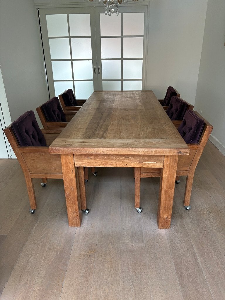 Massief teakhouten eettafel (260cm) met verrijdbare stoelen, Ophalen, Gebruikt, Teakhout, 200 cm of meer