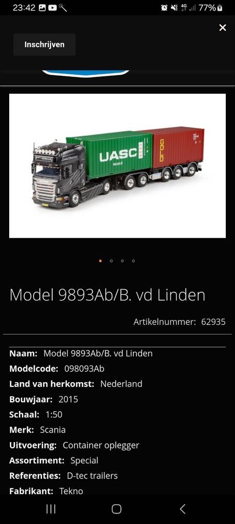 Tekno 62935 scania bart v/d linden, Hobby en Vrije tijd, Modelauto's | 1:50, Ophalen, Zo goed als nieuw, Bus of Vrachtwagen, Tekno
