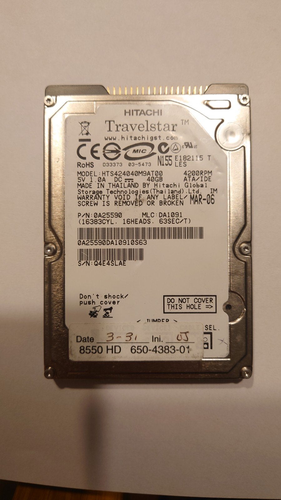 Hitachi HTS424040M9AT00 40GB 2,5" IDE laptop harddisk, Intern, HDD, Ophalen of Verzenden, Zo goed als nieuw