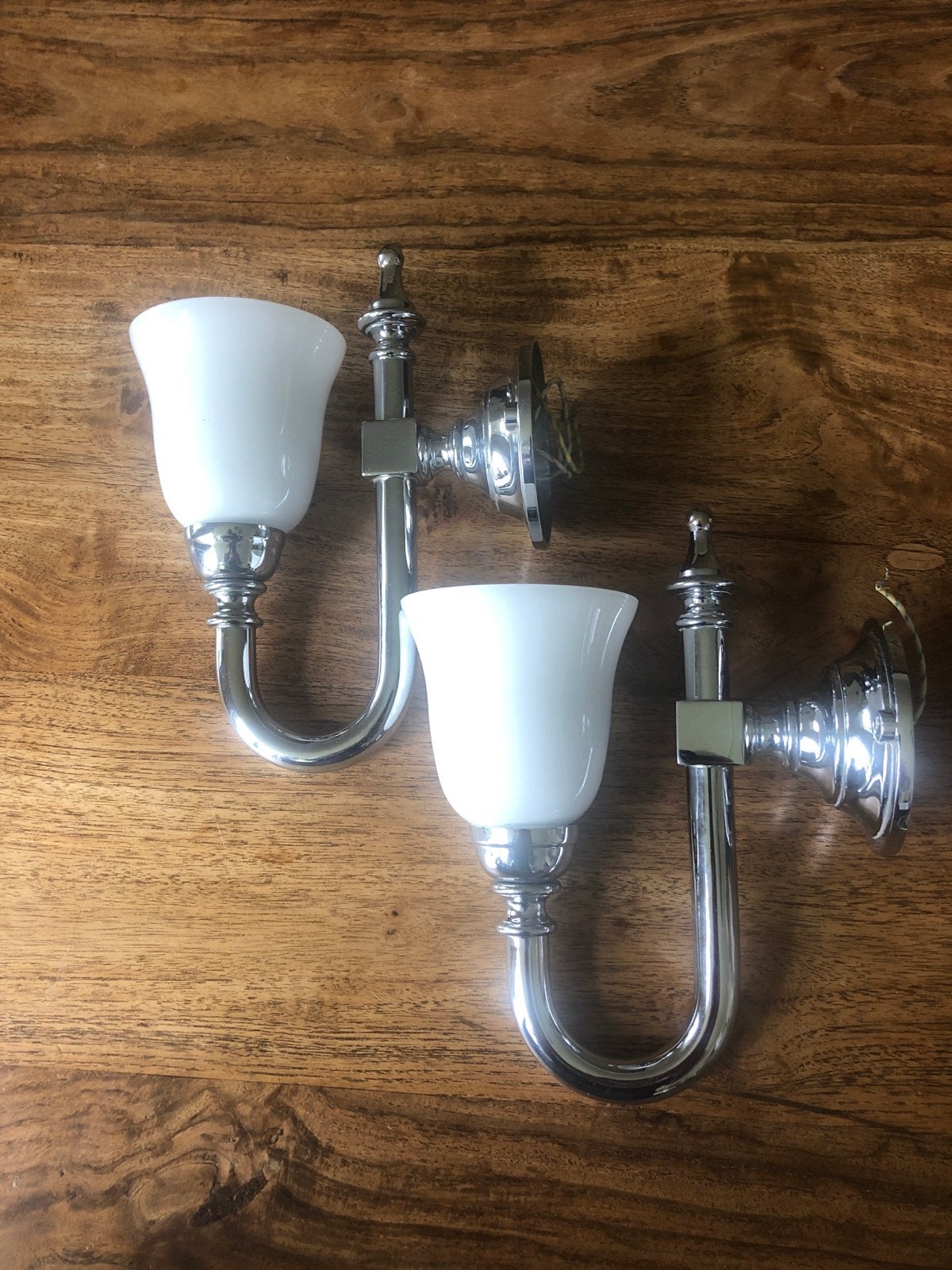 Set van 2 vintage chromen wandlampen met opaline glas, Ophalen of Verzenden, Gebruikt, Metaal
