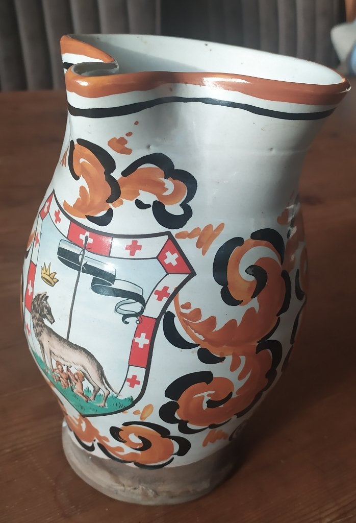Antieke aardewerken wijnkruik met Romulus en Remus, Antiek en Kunst, Ophalen of Verzenden