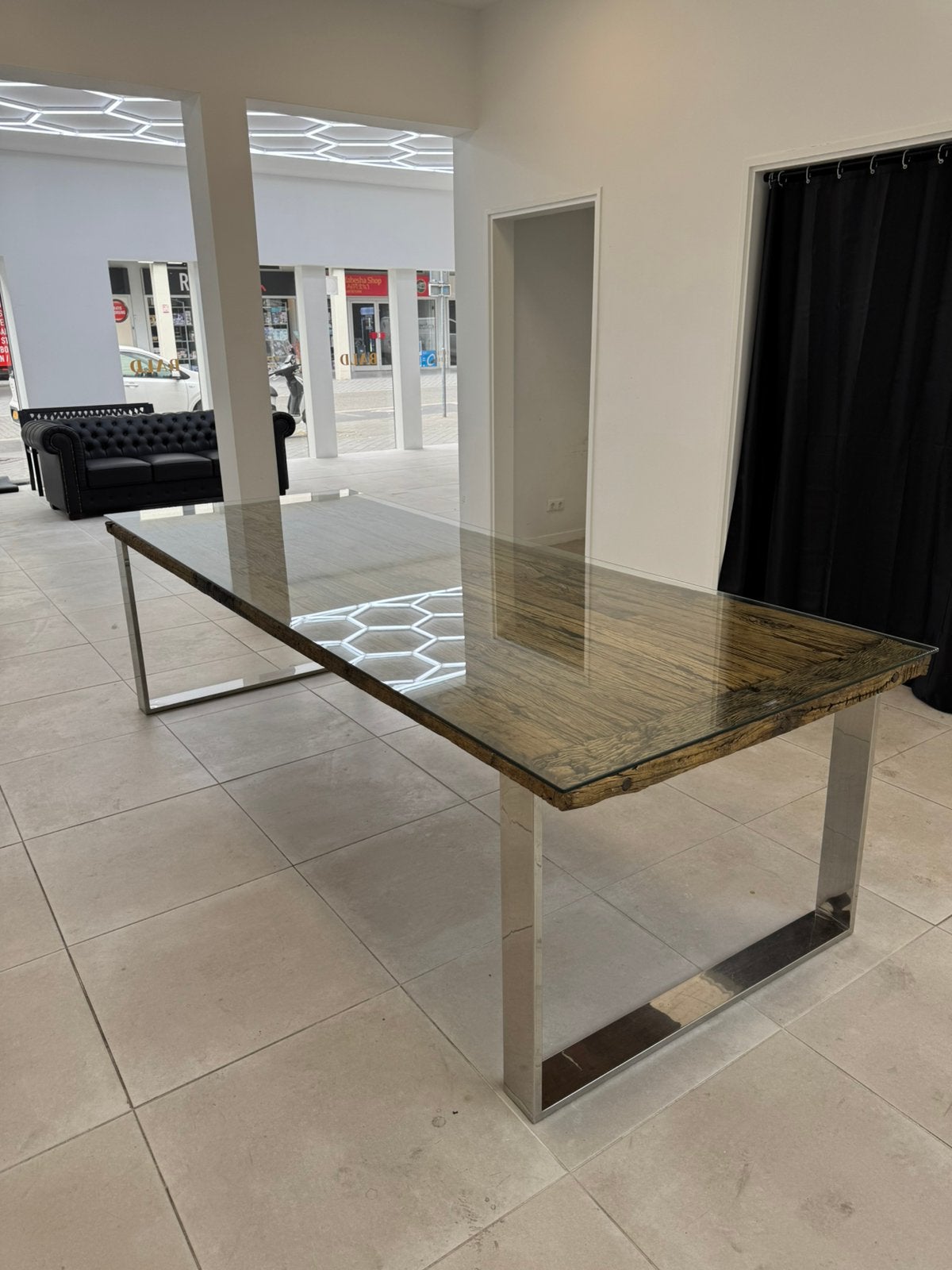 Grote vergadertafel/eettafel met glazen blad, Huis en Inrichting, Tafels | Salontafels, Ophalen, 100 tot 150 cm, 200 cm of meer