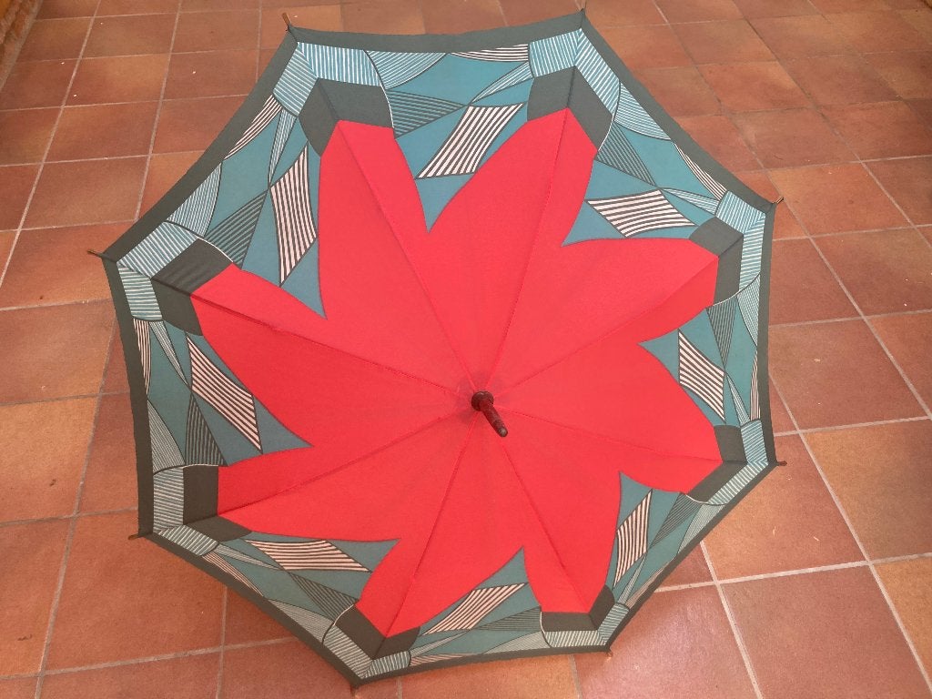 Antiek vintage rode en groene paraplu geometrisch patroon, Sieraden, Tassen en Uiterlijk, Paraplu's, Zo goed als nieuw, Rood, Ophalen of Verzenden