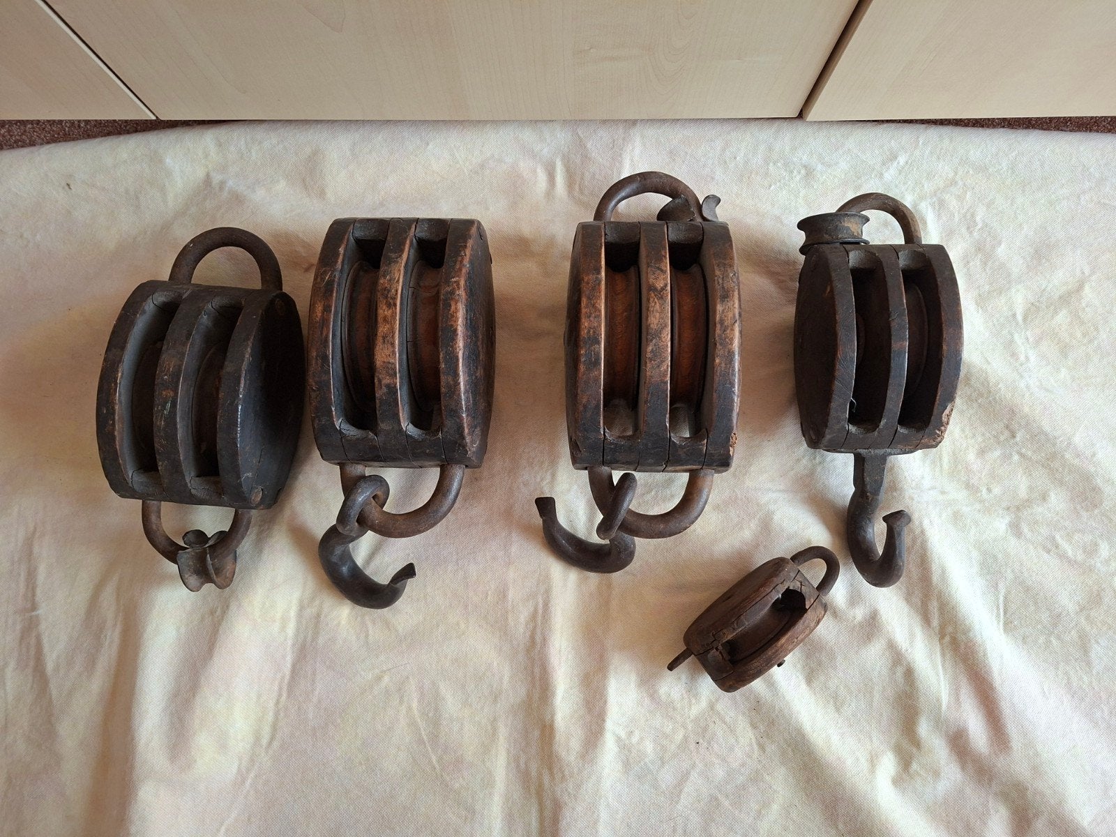 Oude houten scheepskatrollen set, Ophalen of Verzenden