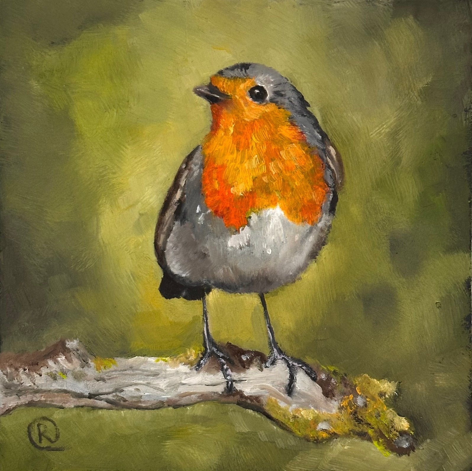 Roodborstje vogel in het bos, Ophalen of Verzenden, Dieren, Olieverf, Overige materialen