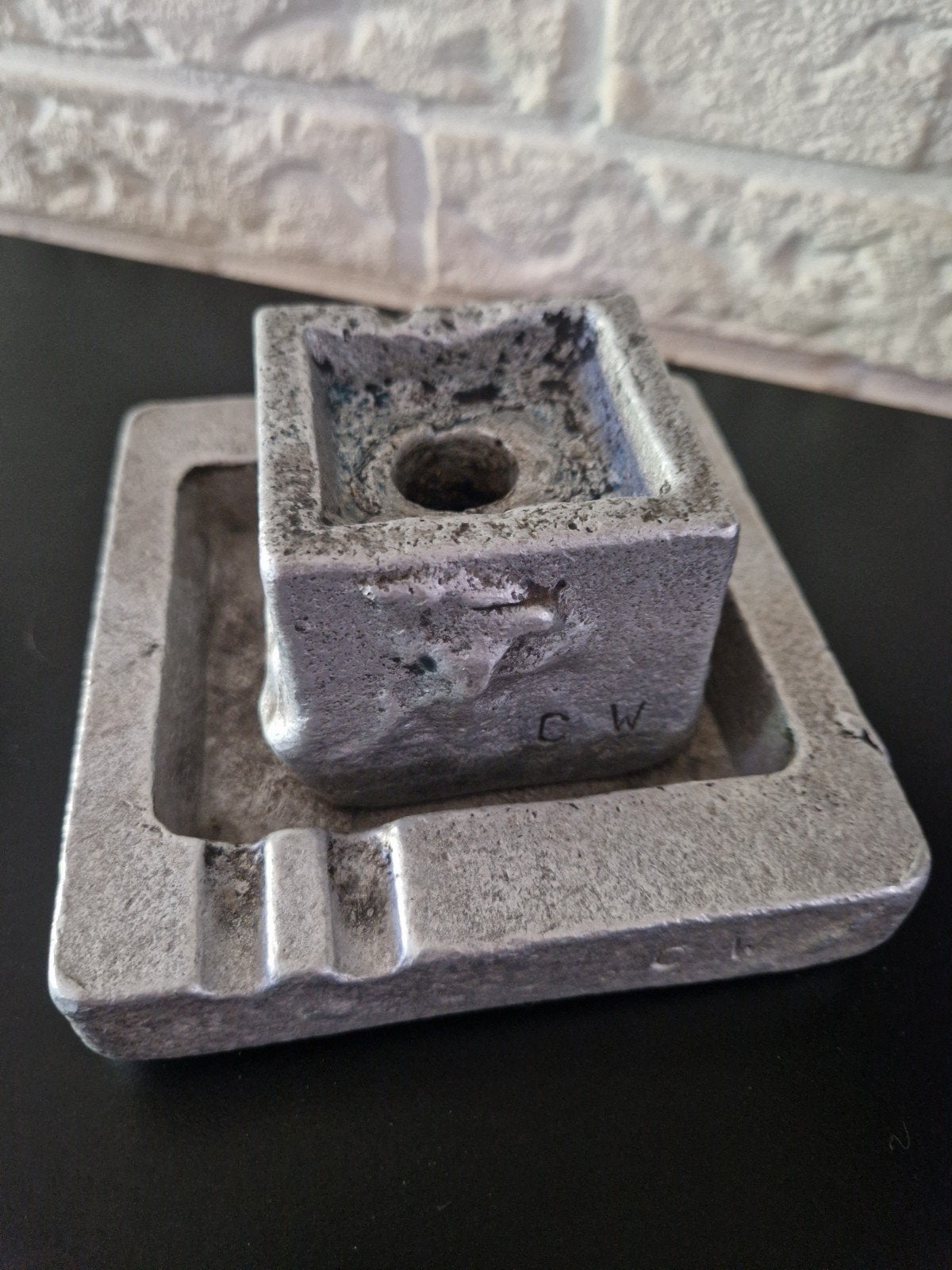 Vintage aluminium asbak met kandelaar, Zilver, Ophalen of Verzenden, Metaal, Van de kunstenaar zelf
