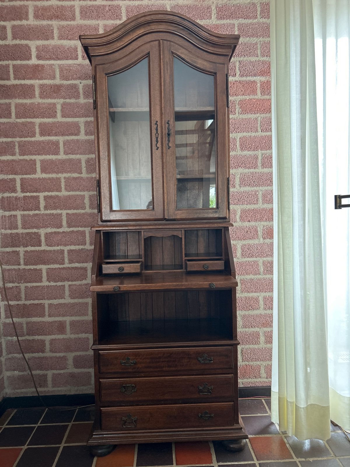 Antieke secretaire met vitrinekast - Donkerbruin hout, Ophalen
