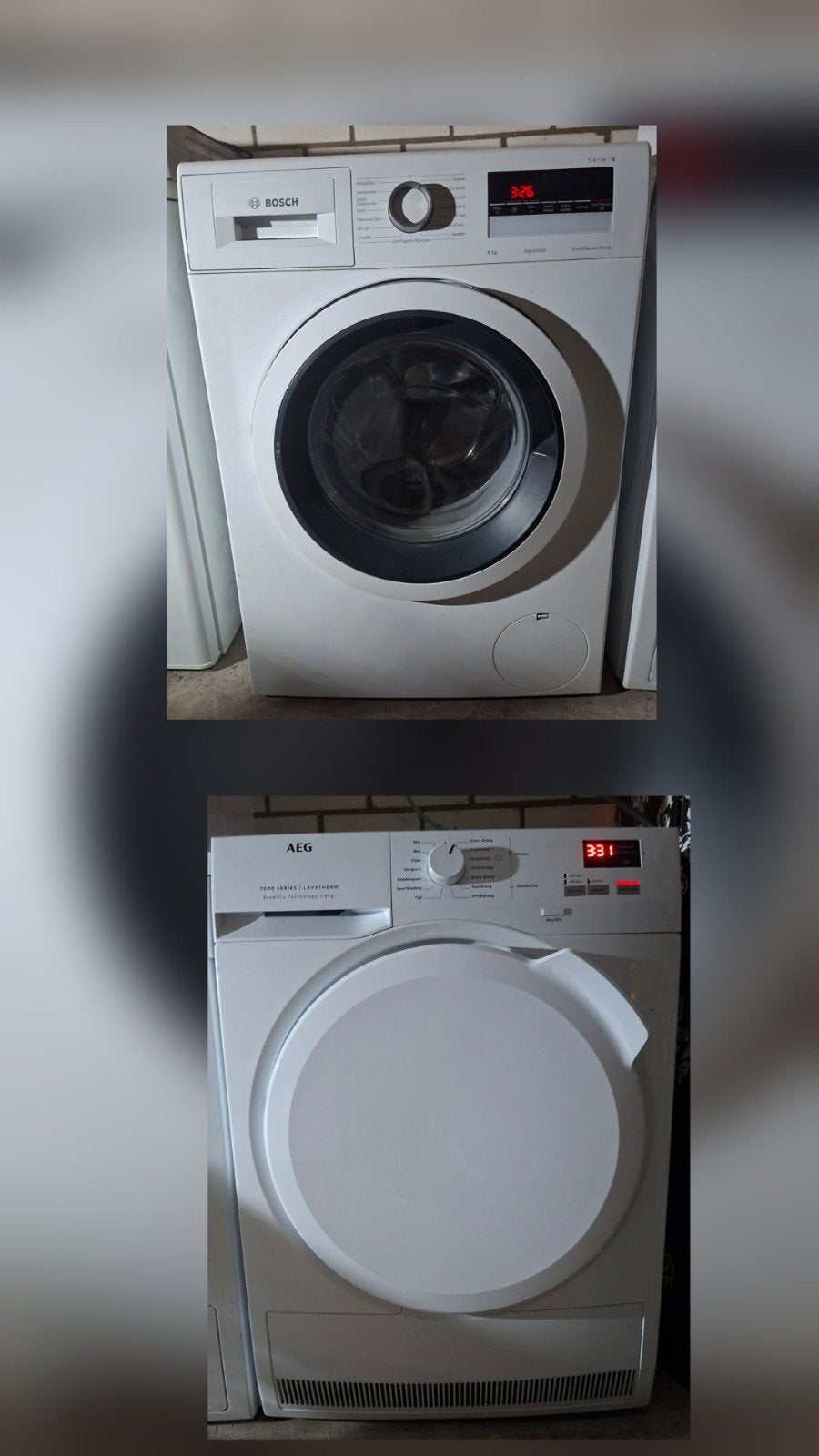 Bosch Wasmachine 8kg+ AEG Warmtepompdroger 8kg, Witgoed en Apparatuur, 8 tot 10 kg, Ophalen, Overige typen, 85 tot 90 cm