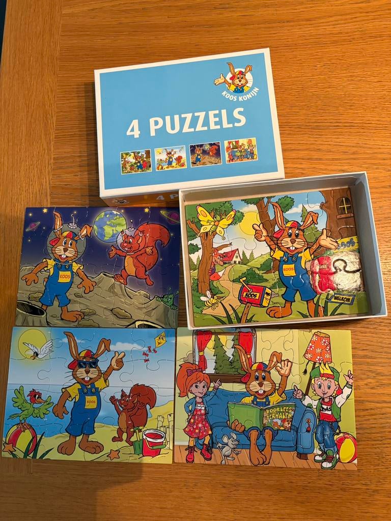 4 puzzels van koos konijn 12, 16, 20 en 24 stukjes, Ophalen of Verzenden, 10 tot 50 stukjes, Zo goed als nieuw, 2 tot 4 jaar