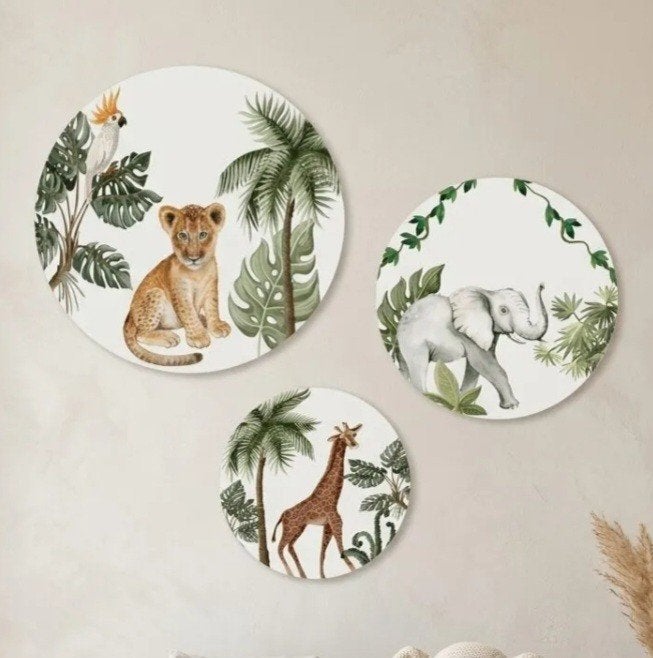 Set van 3 wandcirkels met jungle dieren op forex, Meerkleurig, Ophalen of Verzenden, Zo goed als nieuw, Afrikaans