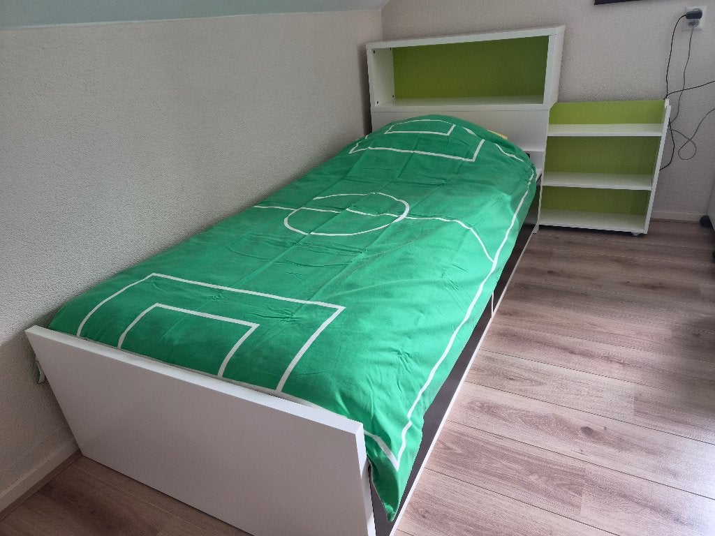 Bed met hoofdeinde en opbergers, Ophalen, Overige materialen, 90 cm, Eenpersoons