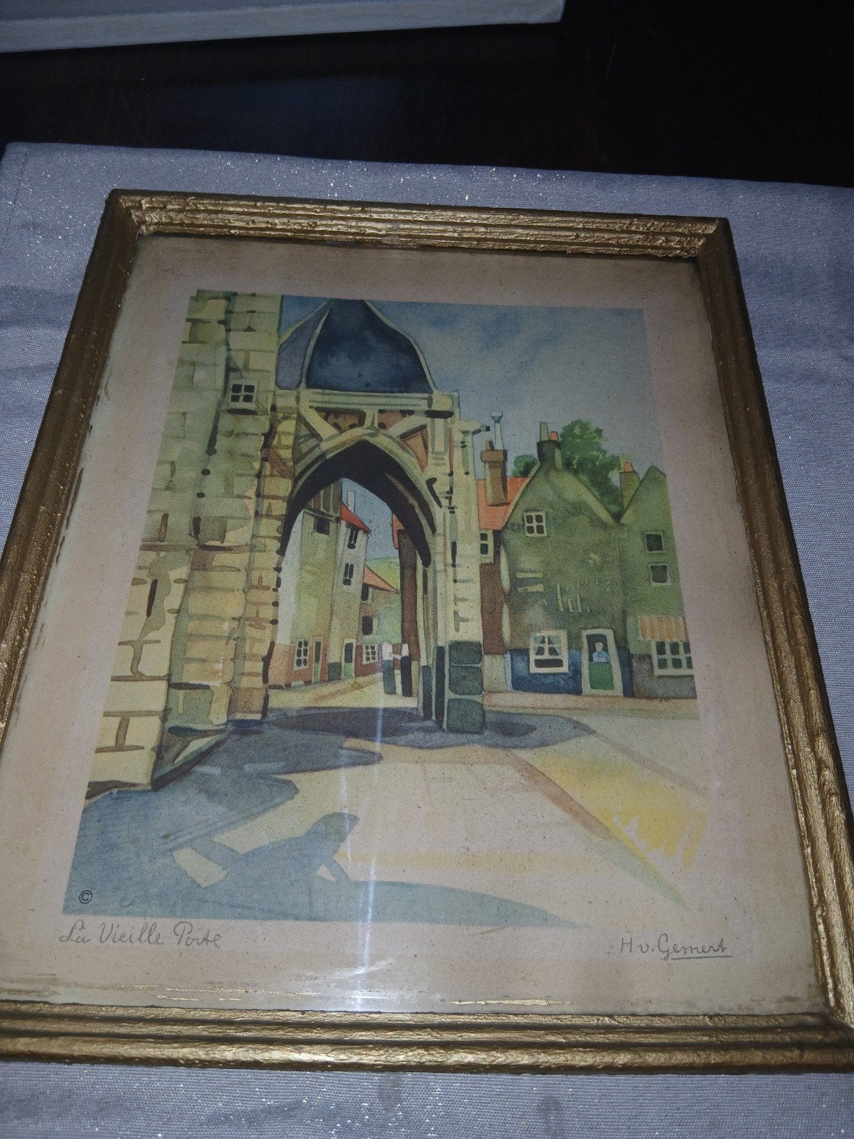 Ingelijste aquarel 'La Vieille Porte' door H.V. Gemert, Ophalen of Verzenden