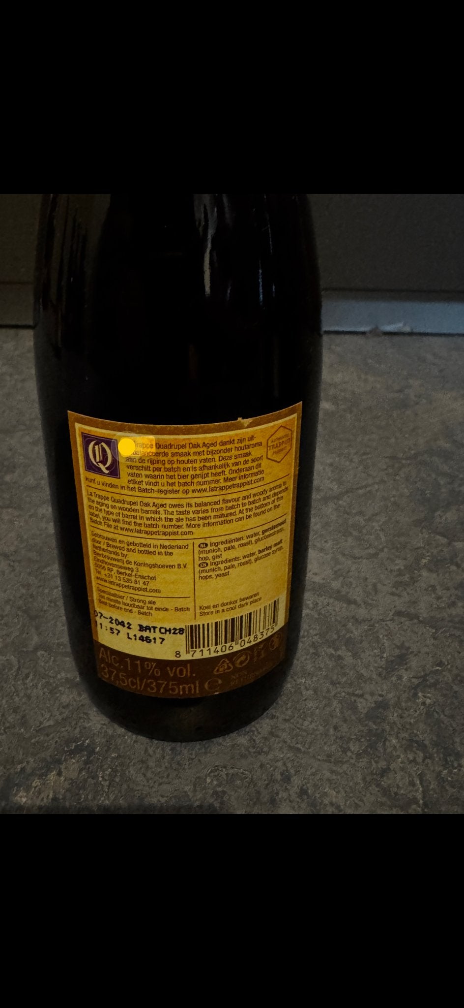 La Trappe Quadrupel Oak Aged Batch 28 - 375ml, Ophalen of Verzenden, Zo goed als nieuw, Overige typen